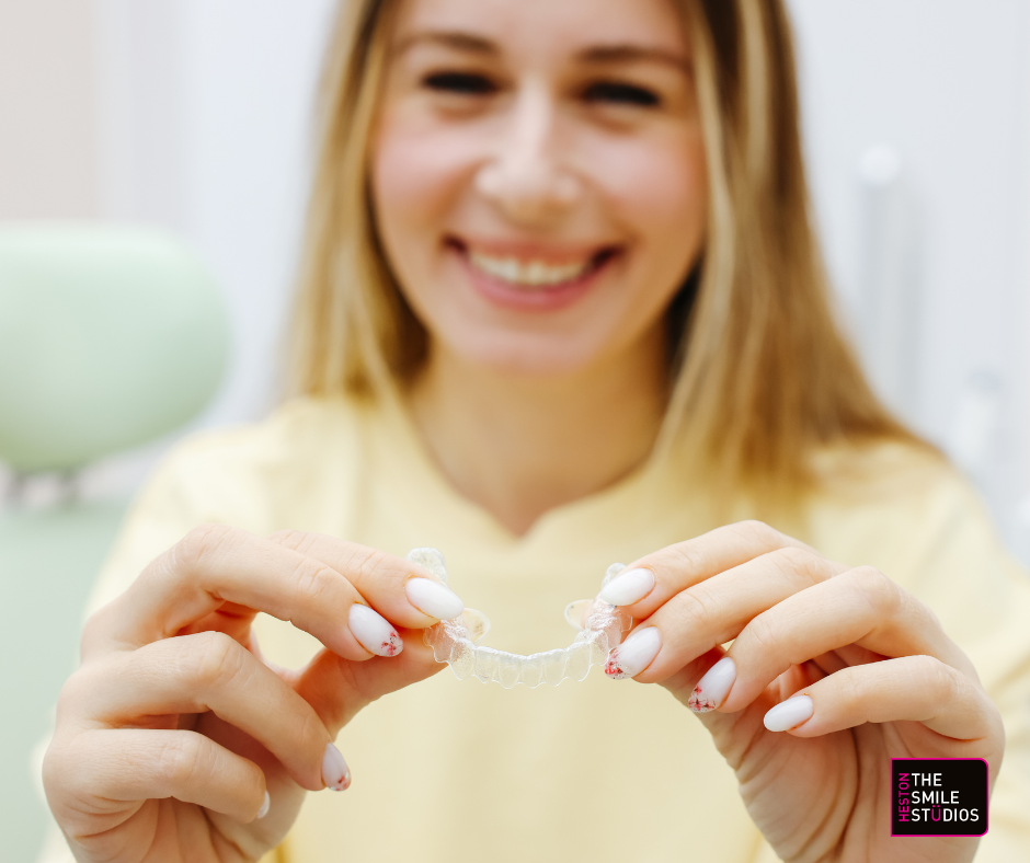 Young lady holding her Invisalign aligner to the camera. 